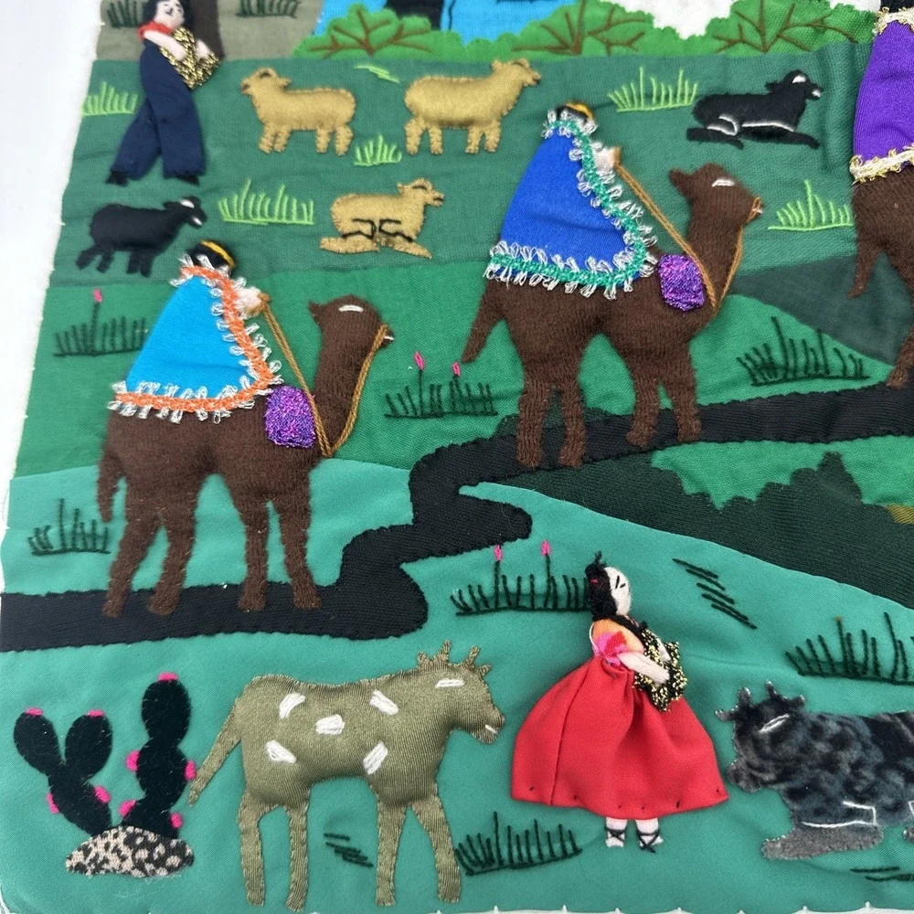 Peruvian Arpillera Folk Art Tapastry~ Vgt 3D Handmade‎ Christmas Nativity 19x17